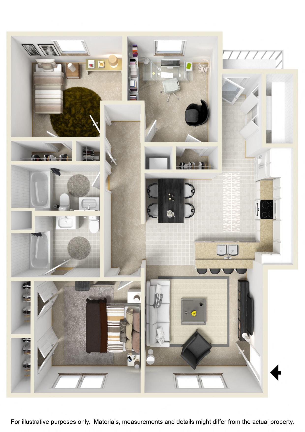 Floor plan for 3 beds, 2 baths, 1200 sqft